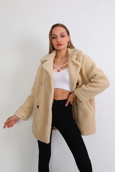 BİKELİFE Women's Beige Oversize Plush Coat
