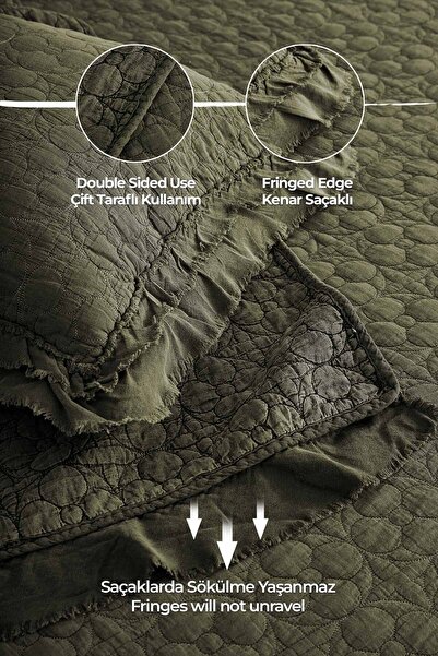 Evlen Home Collection %100 Pamuk Çift Kişilik Pike Takımı Özel Taş Yıkama Yatak Örtüsü Lüks Yumuşak Modern Chester Yeşil