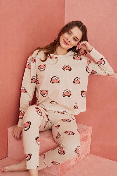 ELİTOL Bej Ayı Desenli Uzun Kollu Örme Pijama Takım