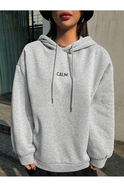 PALPİTO Gray Calm Growth Printed Women's Hoodie - 3 Thread Hooded Sweatshirt