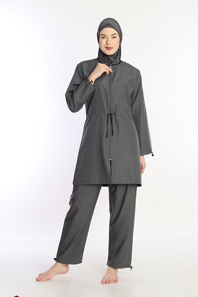 Sonne's Smoke Color - 4 Pieces Full Covered, Water Repellent Fast Drying Zippered Parachute Hijab Swimsuit
