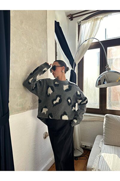 Motto boutique Pulover supradimensionat cu model leopard gri