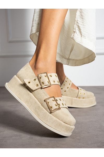 Alemdar Shoes Дамски мокасини - NELY кремав велур с катарама