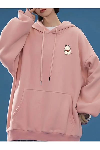 PALPİTO Pink Figure Plush Printed Hooded Women's Hoodie Sweatshirt - 3 Thread
