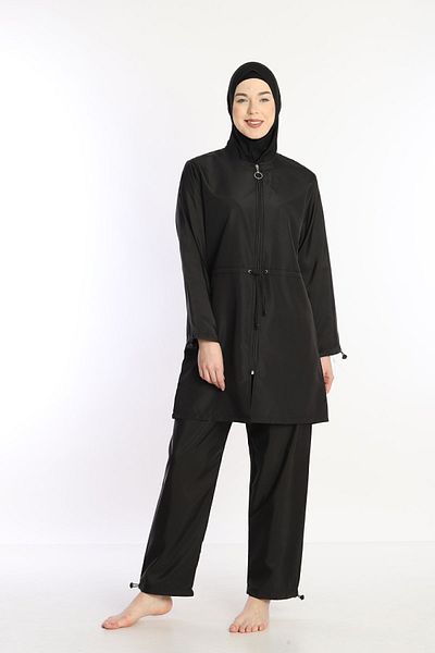 Sonne's Black Quick Dry Zippered Parachute Hijab Swimsuit - 4 Pieces Full Covered