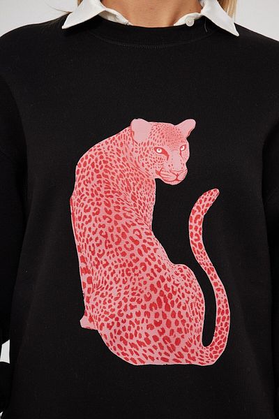 The Champ Clothing Черен извънгабаритен суичър с щампа с полярен леопард - кръгла яка