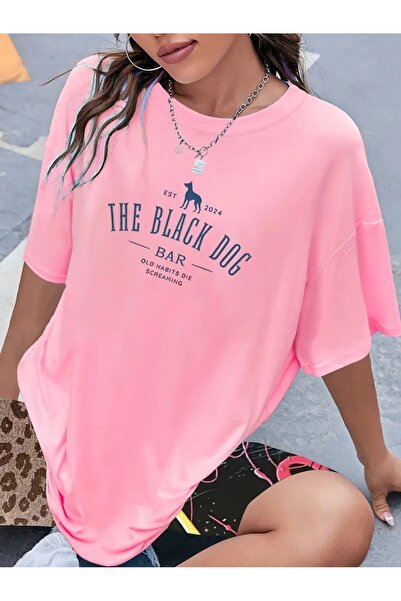 PALPİTO Ružičasta žena Oversize kroj T-shirt - Crni pas Štampano