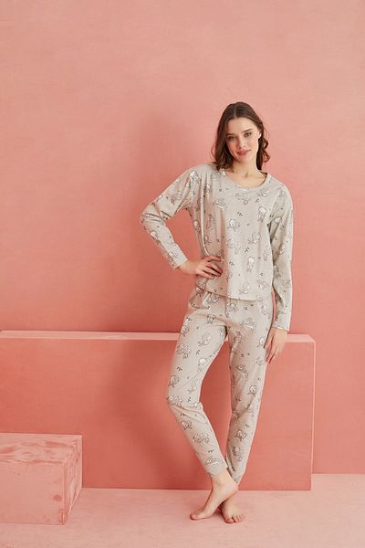 ELİTOL Long Sleeve Gray Rabbit Patterned Knitted Pajama Set