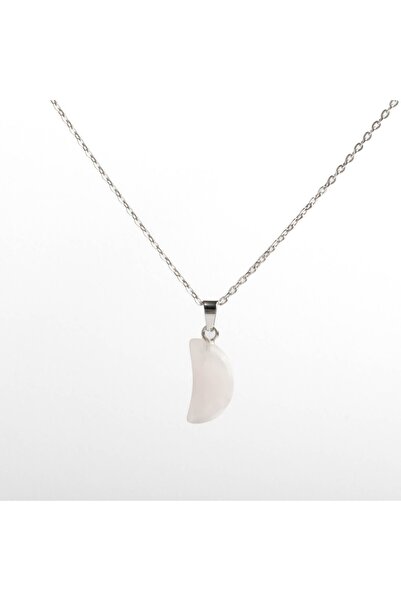 Paleo Pembe Kuvars Taşı Doğal Taş Çelik Kolye, Ay Şeklinde