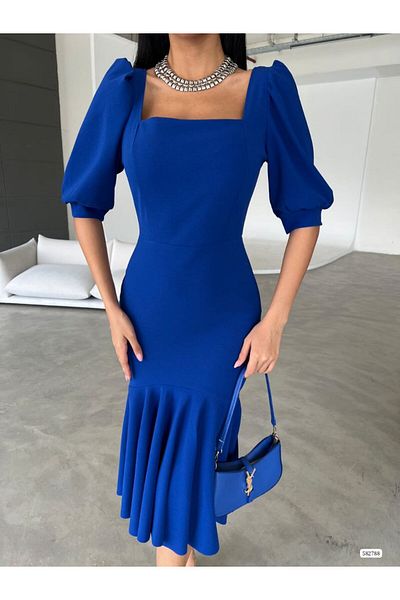 Masspera Square Collar Midi Evening Dress with Ruffle Skirt