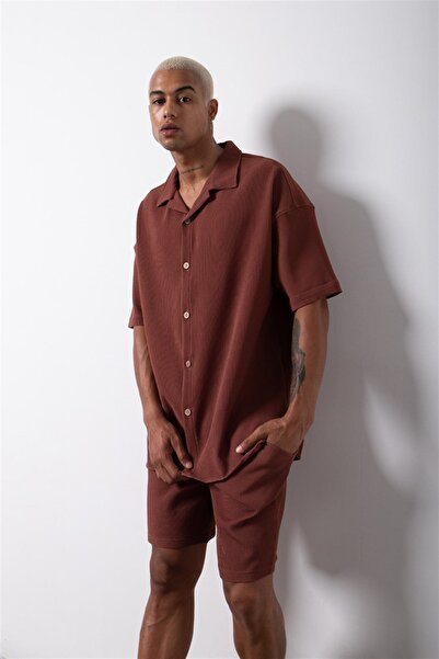 Machinist Cămașă maro oversize cu mânecă scurtă pentru bărbați