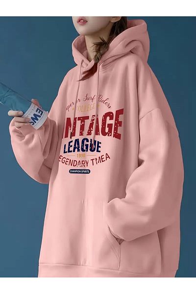 PALPİTO Women's Pink Vintage Printed 3 Thread Hooded Hoodie Sweatshirt