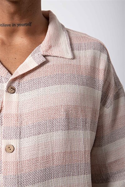 Machinist Мъжка раирана риза с къс ръкав, оверсайз, розова