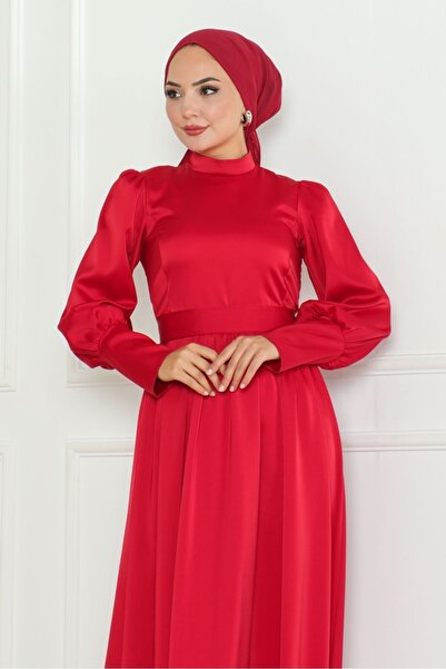 Bestenur Red Satin Evening Dress - Belted, Model 1136