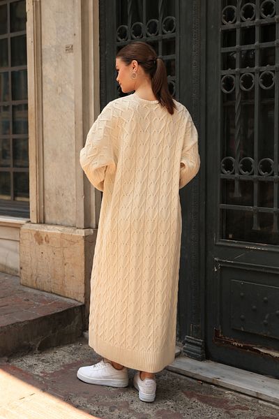 ALCHON U Shawl Collar Long Sleeve Hair Braided Ankle Detailed Oversize Ankle Length Winter Knitwear Cardigan