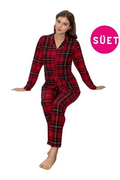 bie's Burgundy Plaid Shirt Collar Suede Winter Pajamas Set - Narrow Slim Fit