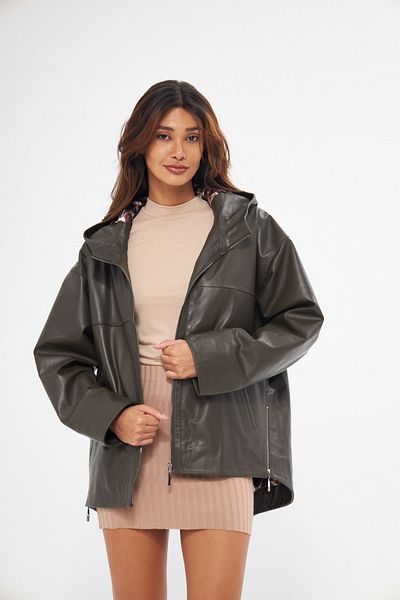 gorgitino Women's Khaki Color Genuine Leather Jacket Hooded Model