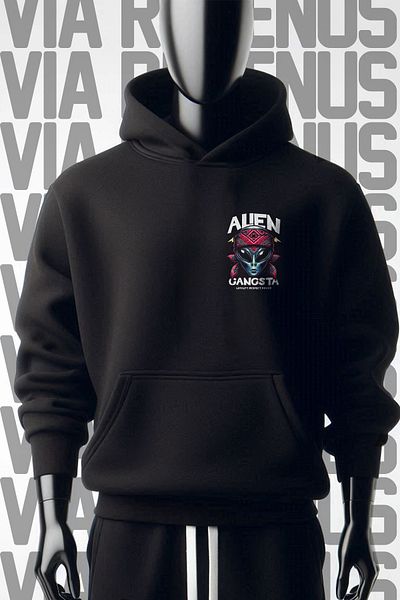 Vordevia Φούτερ Alien Gangsta 3 νήματα μαύρη κουκούλα φαρδιά εφαρμογή - Μπροστά και πίσω τύπωμα