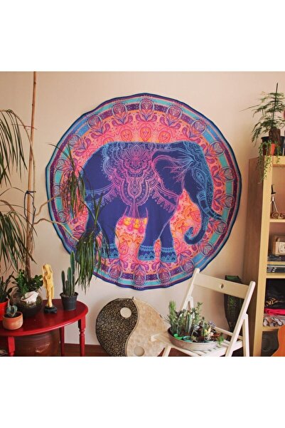 WANDER TAPESTRY 150x150 India Luck Tapestry - غطاء حائط دائري على شكل فيل الص...