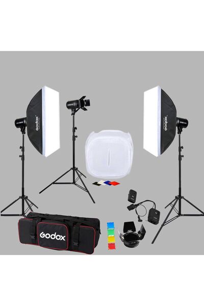 Godox E250 3'lü Paraflaş Set + Çekim Çadırı 80x80 cm