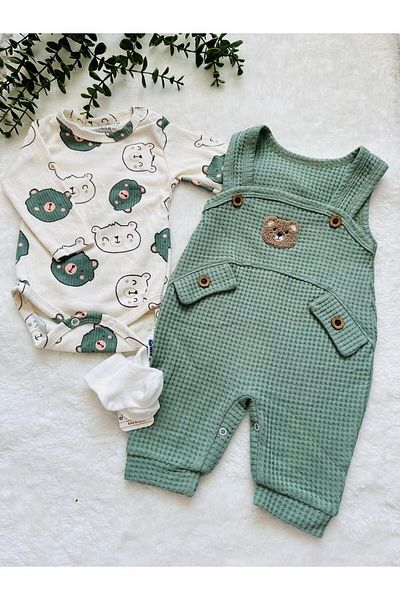 NAFİTTO Baby Boy Waffle Salopet - Punch Teddy Bear Embroidered, Socks