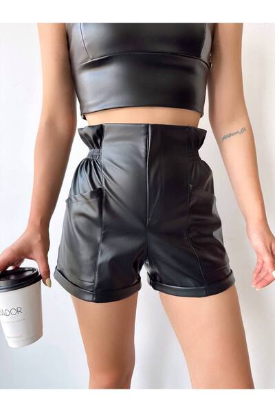 ubmbutik شورت قصير من الجلد الصناعي - للنساء، خصر مطاطي، جيوب مزدوجة، ساق مزدوجة