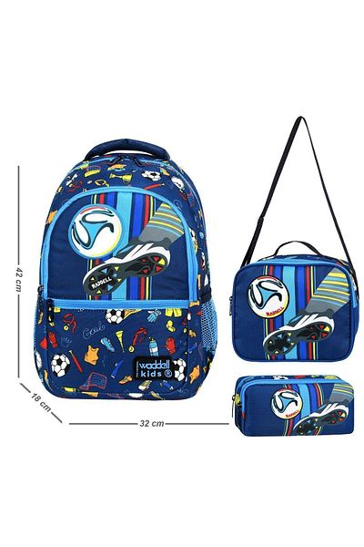 Waddell Rucsac pentru școală primară cu model de broderie de fotbal pentru băieți - cutie de prânz și suport pentru stilouri cu licență