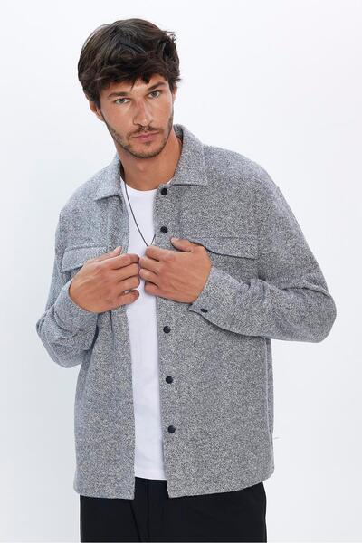 Tudors Men's Gray Apache Collar Comfortable Cotton Shirt - Snap Fastener, Double Pocket Winter Lumberjack Design