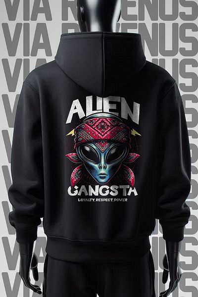 Vordevia Φούτερ Alien Gangsta 3 νήματα μαύρη κουκούλα φαρδιά εφαρμογή - Μπροστά και πίσω τύπωμα