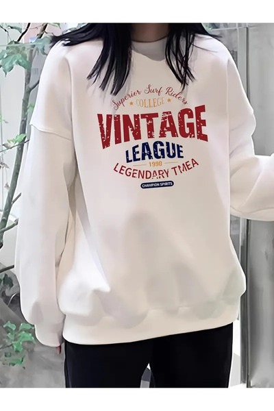 Women's White Vintage Printed Crew Neck Sweatshirt