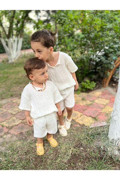 BAHNUR KREM BEBEK ÇOCUK KIZ ERKEK UNiSEX MÜSLiN ALT ÜST TAKIM YAZLIK BOHEM