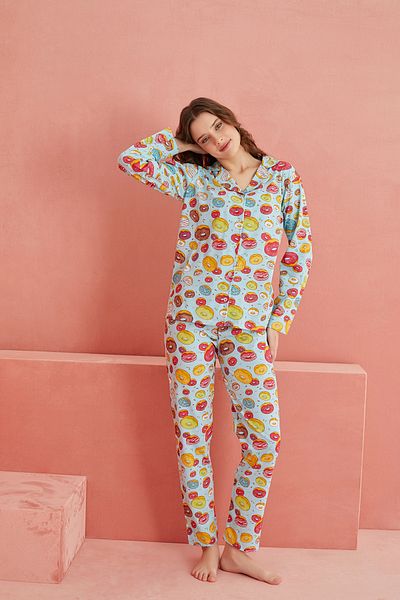 ELİTOL Set de pijamale tricotate cu mâneci lungi cu model gogoși albastre