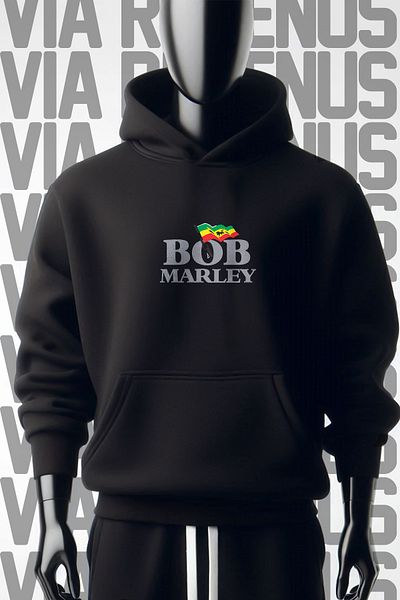 Vordevia Φούτερ με μαύρη κουκούλα με στάμπα Bob Marley - Φαρδιά εφαρμογή με 3 νήματα