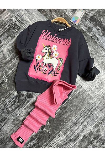 öykümgaleria Girl's Unicorn 2 Yarn Fabric Ribbed Tights Bottom Top Set