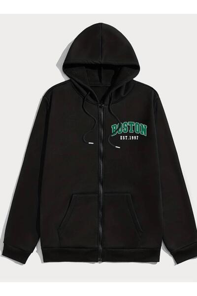 CAST COLLECTİON سترة بوسطن مطبوعة بسحاب أسود للرجال