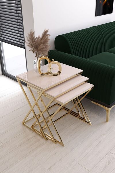 Nies Aksesuar Lüx Kare 3'lü Zigon Sehpa Gold Ayak Krem Mebran Mdf