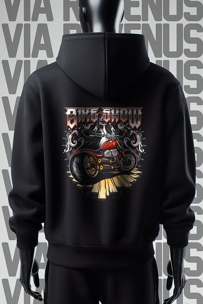 Vordevia Bike Show Black Hooded Sweatshirt - 3 Thread, Wide Fit, Front and Back Printed