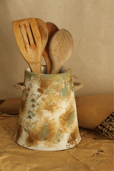 Hoyatap Hasır Kulp Detaylı El Yapımı XL Ebat Büyük Vazo & Kaşıklık