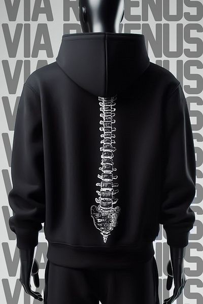 Vordevia Bones 3 Thread Wide Fit Black Hooded Sweatshirt - Front and Back Printed