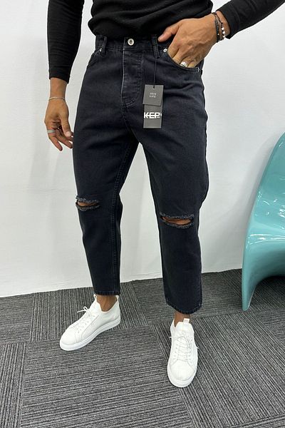 MADZEYMODA Blugi pentru bărbați cu model boyfriend, blugi afumati, rupți cu detalii