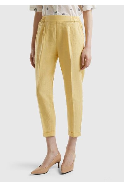 United Colors of Benetton Pantaloni de damă galben deschis 100% in, cu talie ...