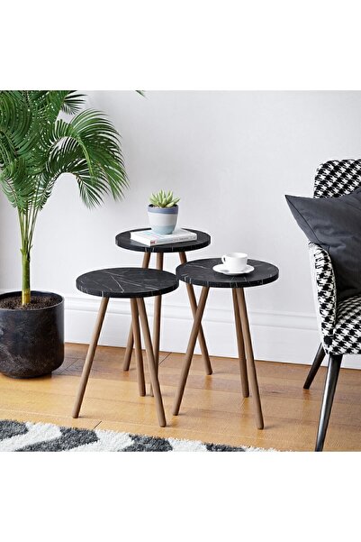 interGO Üçlü Zigon Sehpa Ahşap Ayaklı Yuvarlak Mermer Desenli Tasarım Bendir