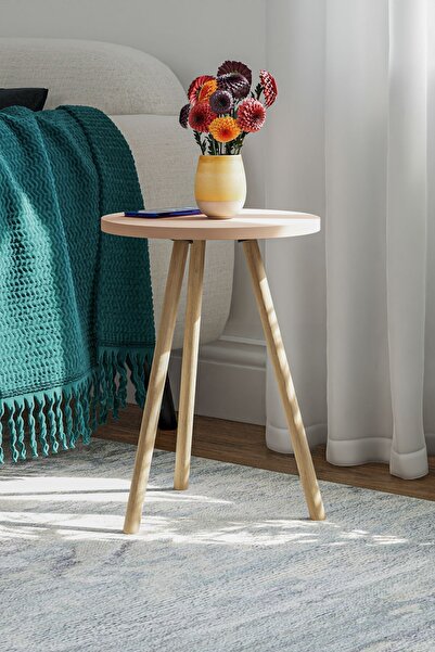 interGO Yuvarlak Yan Sehpa Ahşap Ayaklı Tekli Zigon Sehpa