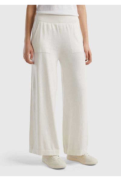 United Colors of Benetton Cream Colored Women's Knitwear Trousers - 100% Cotton, Wide Leg