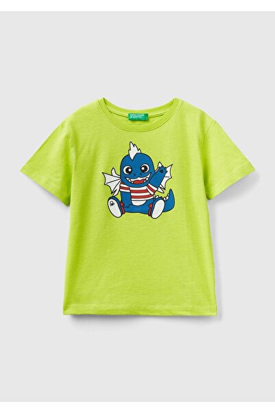 United Colors of Benetton Tricou cu imprimeu Monsters verde neon pentru băieț...