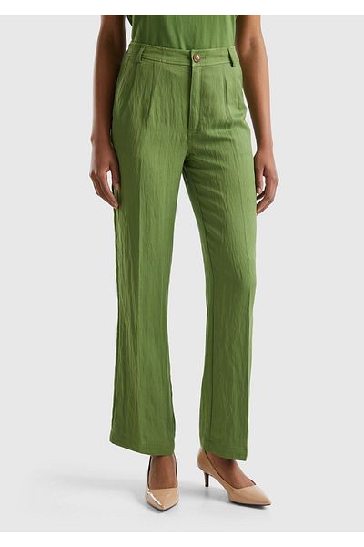 United Colors of Benetton Women's Pale Green Lyocell Blended Double Pleated Belt Hole Pants