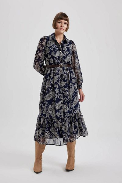 DeFacto Patterned Shirt Collar Long Sleeve Chiffon Midi Dress - B3763Ax23Au