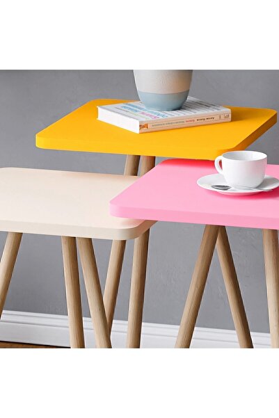 interGO Renkli Üçlü Zigon Sehpa Ahşap Ayaklı Kare Pastel Tasarım Sarı Krem Pembe