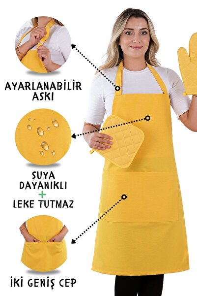 sevilya Simple 3'lü Set Ayar Askılı Mutfak Önlüğü Seti (ELDİVEN, TUTACAK)
