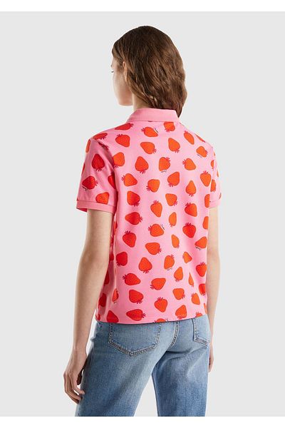 United Colors of Benetton Tricou polo brodat cu logo-ul pieptului din bumbac elastic roz-roșu pentru femei